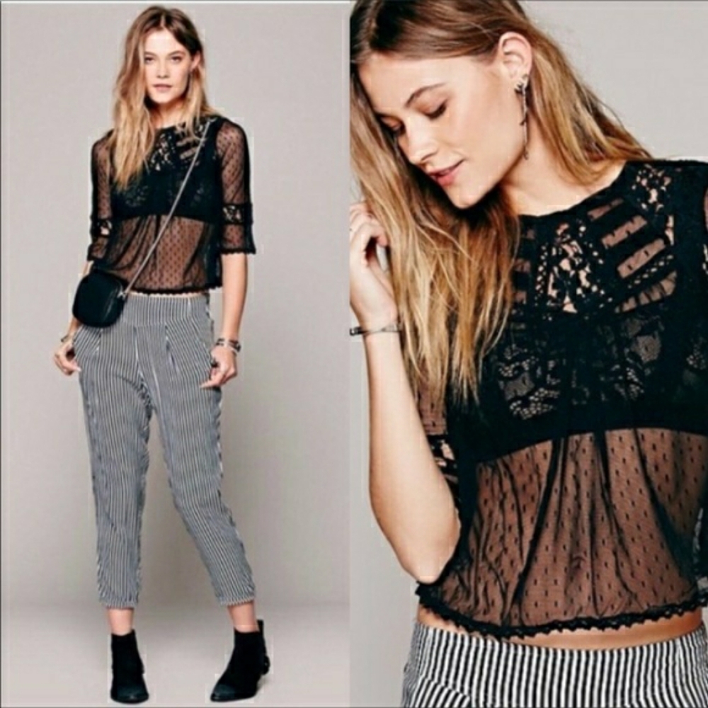 Free People Modern Romance Black Lace Sheer Blouse
